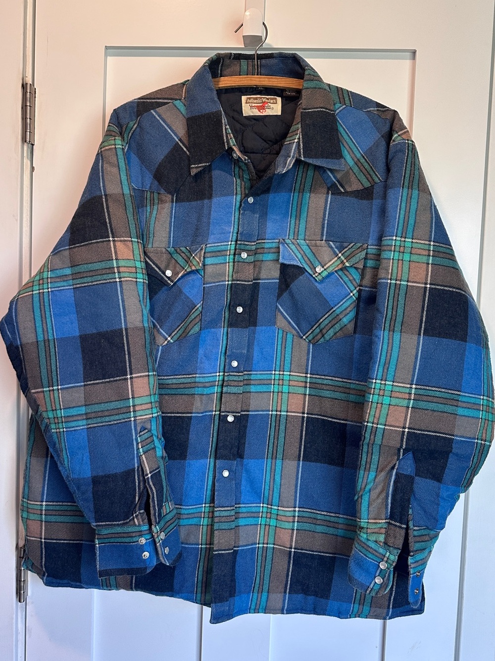 Authentic Western Youngbloods Quilted Blue Plaid Western Pearl Snap Shirt Jacket